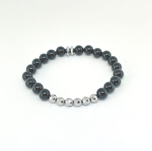 Black Onyx Stretch Bracelet with Faceted Hematite Beads