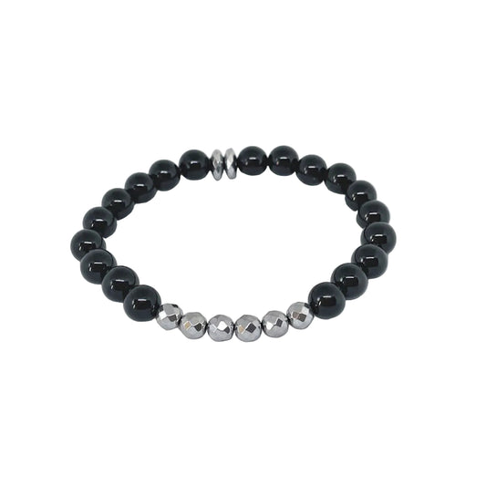 Black Onyx Stretch Bracelet with Faceted Hematite Beads