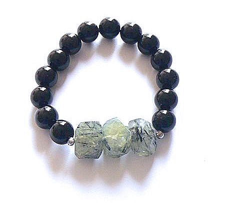 Black Onyx Stretch Bracelet Accented with Prehnite Nugget Beads