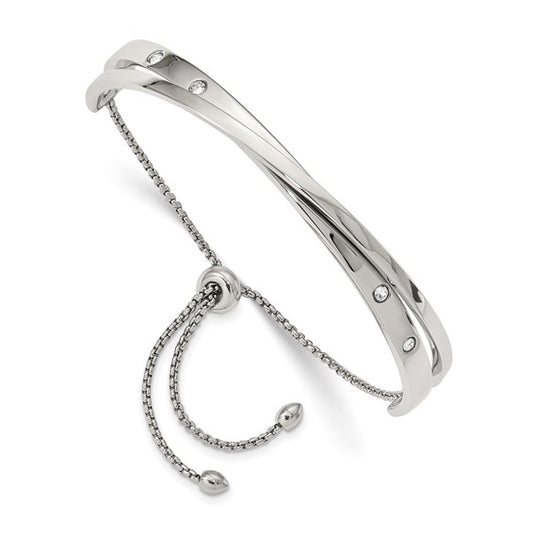 Stainless Steel Adjustable Bangle Bracelet with Crystal Accents