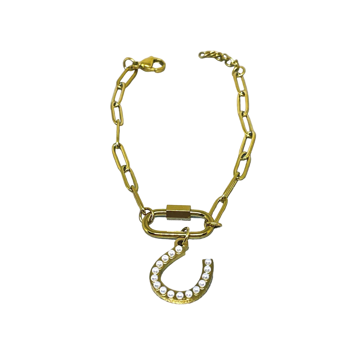 Gold PVD Paperclip Bracelet with Pearl Horseshoe Charm