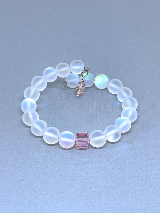 Synthetic Moonstone Memory Wire Bracelet with Crystal Rose Cube Bead