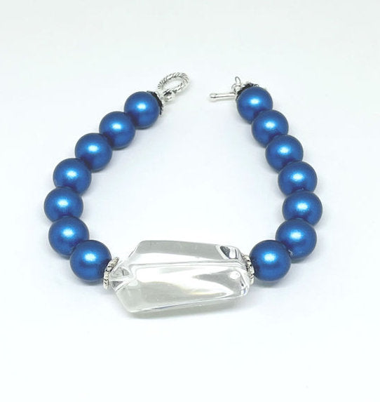 Iridescent Dark Blue Pearl Bracelet Accented with Clear Quartz Stone