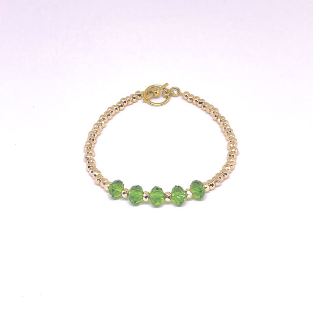 18K Gold Hematite Beaded Bracelet Accented with Faceted Green Crystal Beads