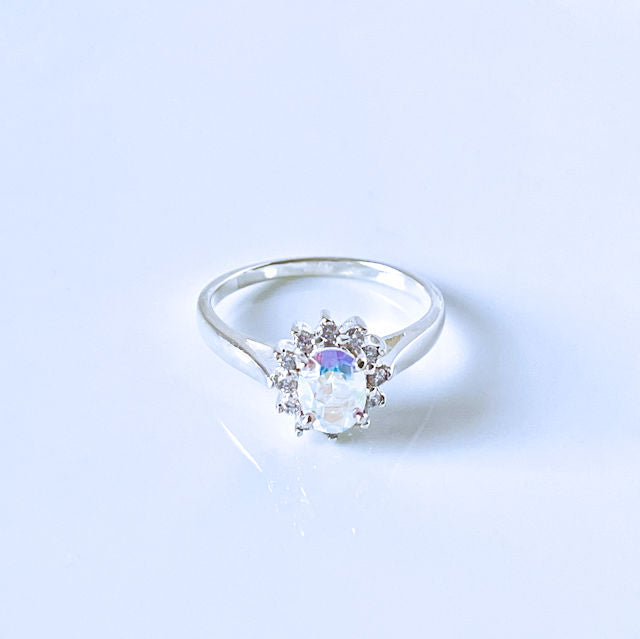 Simulated Oval Opal Halo Sterling Silver Ring