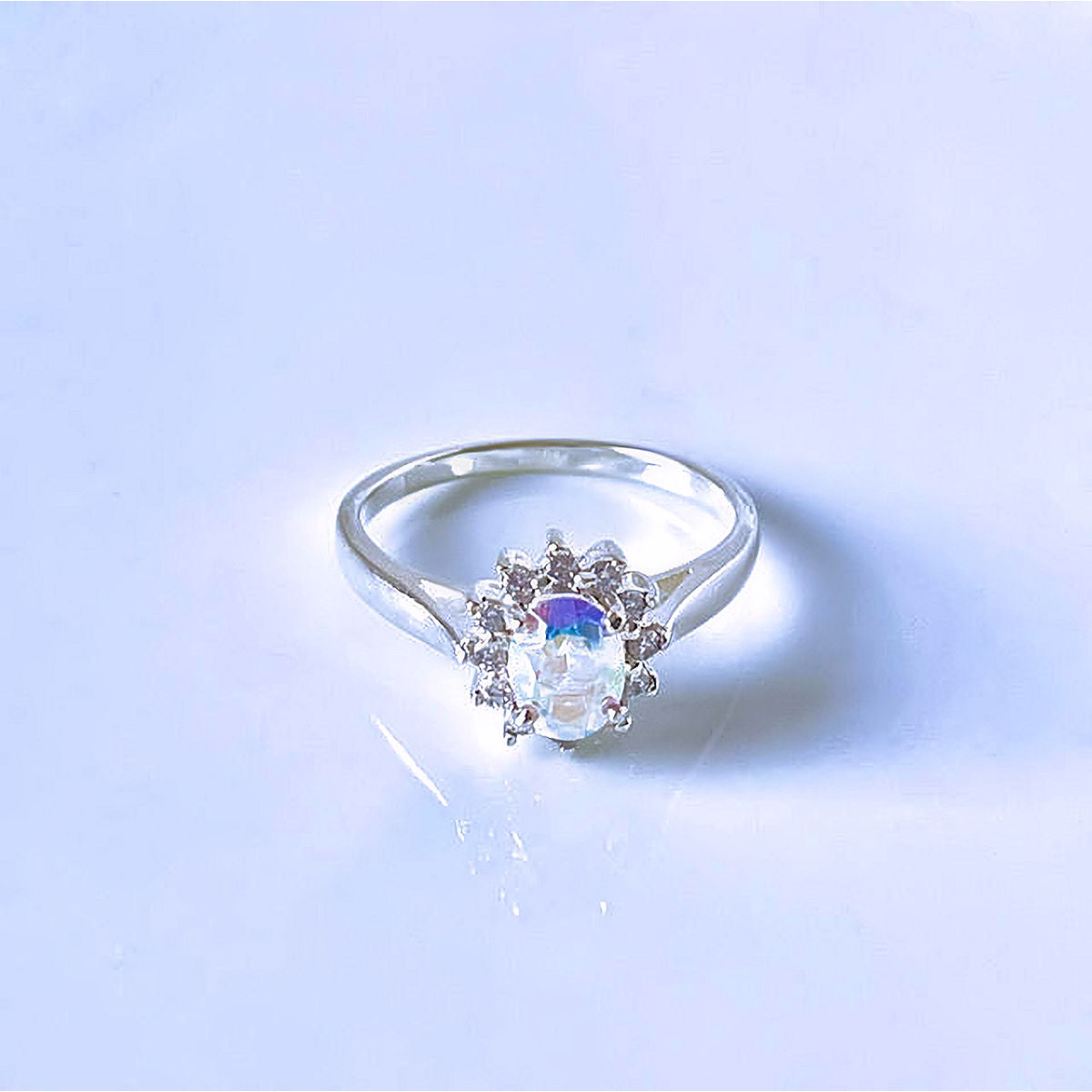 Simulated Oval Opal Halo Sterling Silver Ring