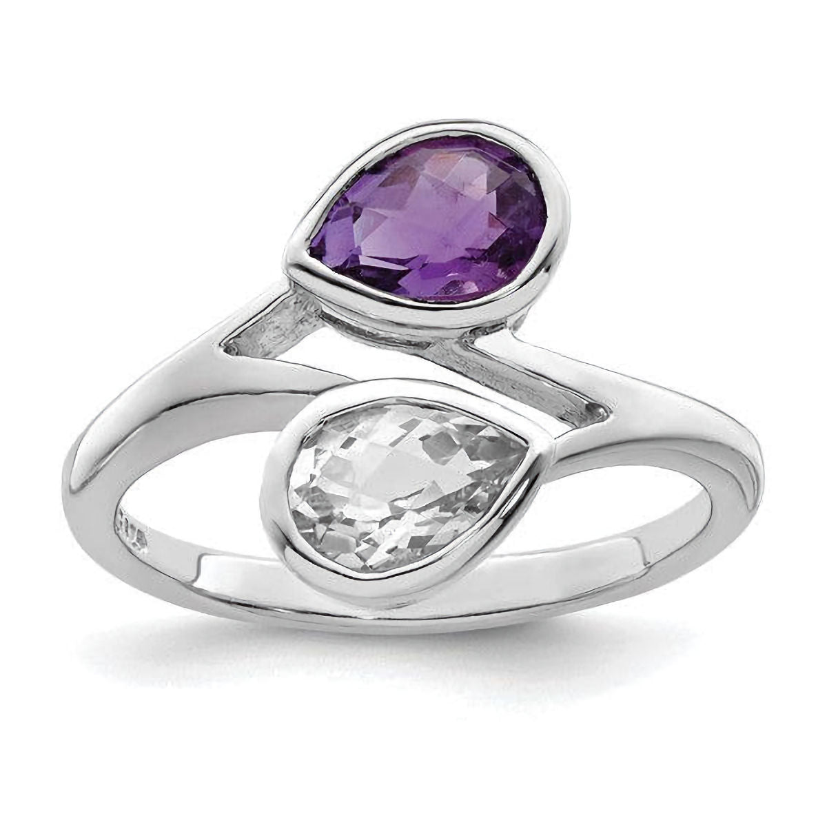 Sterling Silver Rhodium plated Pear Shape Amethyst and White Topaz Stone
