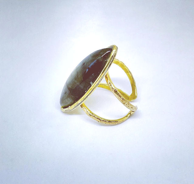 Gold-Plated Brass Adjustable Ring with Labradorite Stone