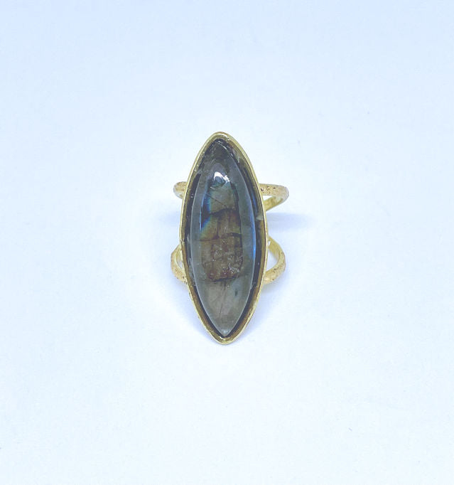 Gold-Plated Brass Adjustable Ring with Labradorite Stone