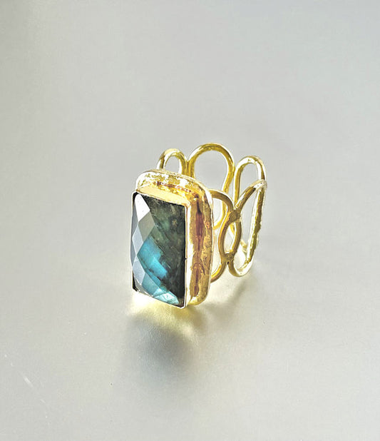 Rectangle Faceted Labradorite Ring with 18k Gold-Plated Brass setting