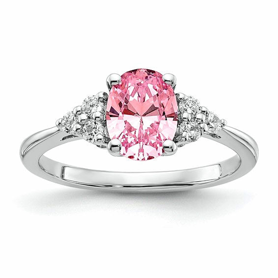 Sterling Silver Pink CZ Oval Ring with Accent Stones