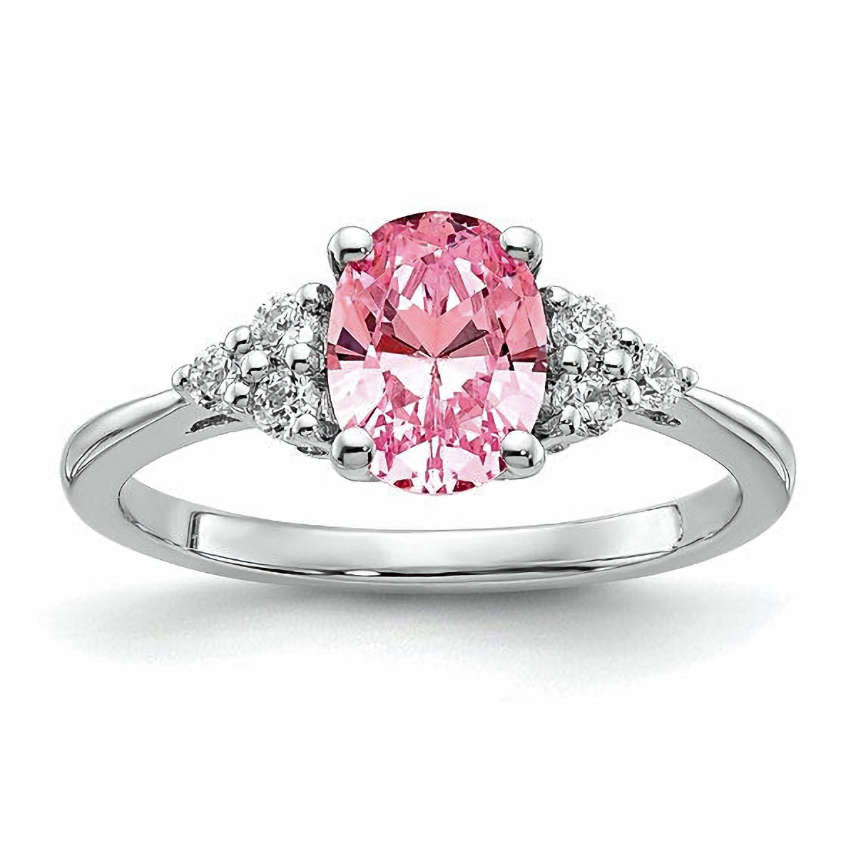 Sterling Silver Pink CZ Oval Ring with Accent Stones