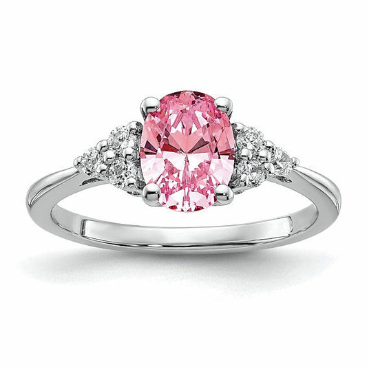 Sterling Silver Pink CZ Oval Ring with Accent Stones