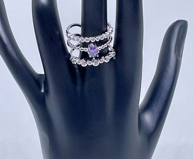 Sterling Silver Amethyst and CZ Three-Row Ring
