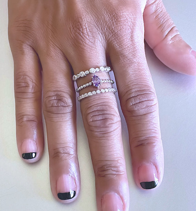 Sterling Silver Amethyst and CZ Three-Row Ring