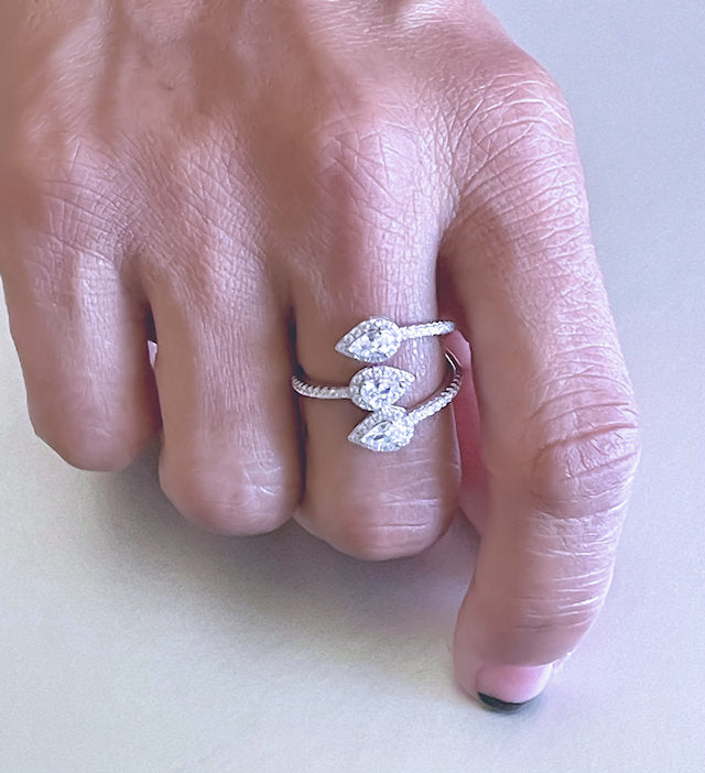 Triple Halo Pear Wrap CZ Sterling Silver Ring