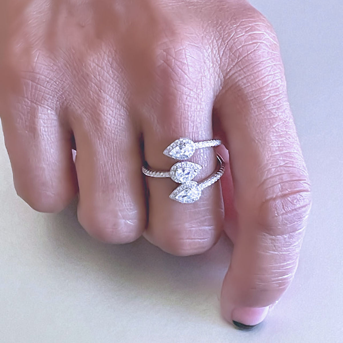 Triple Halo Pear Wrap CZ Sterling Silver Ring