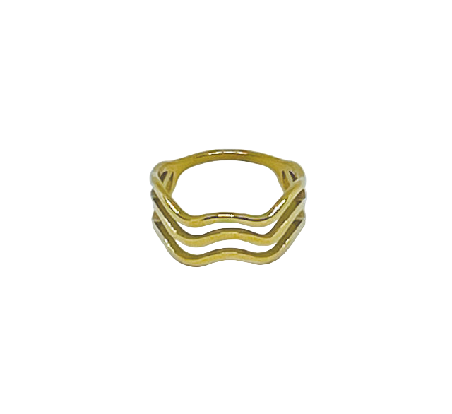 Stainless Steel Gold Triple Wave Geometric Ring