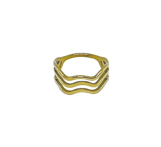 Stainless Steel Gold Triple Wave Geometric Ring
